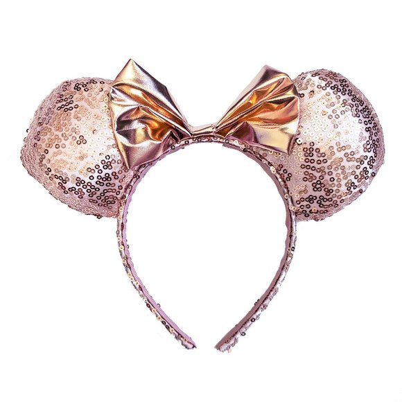 Disney Minnie Ears Rose Gold Mickey Bow Sequin Mouse Headband - Picture 1 of 3